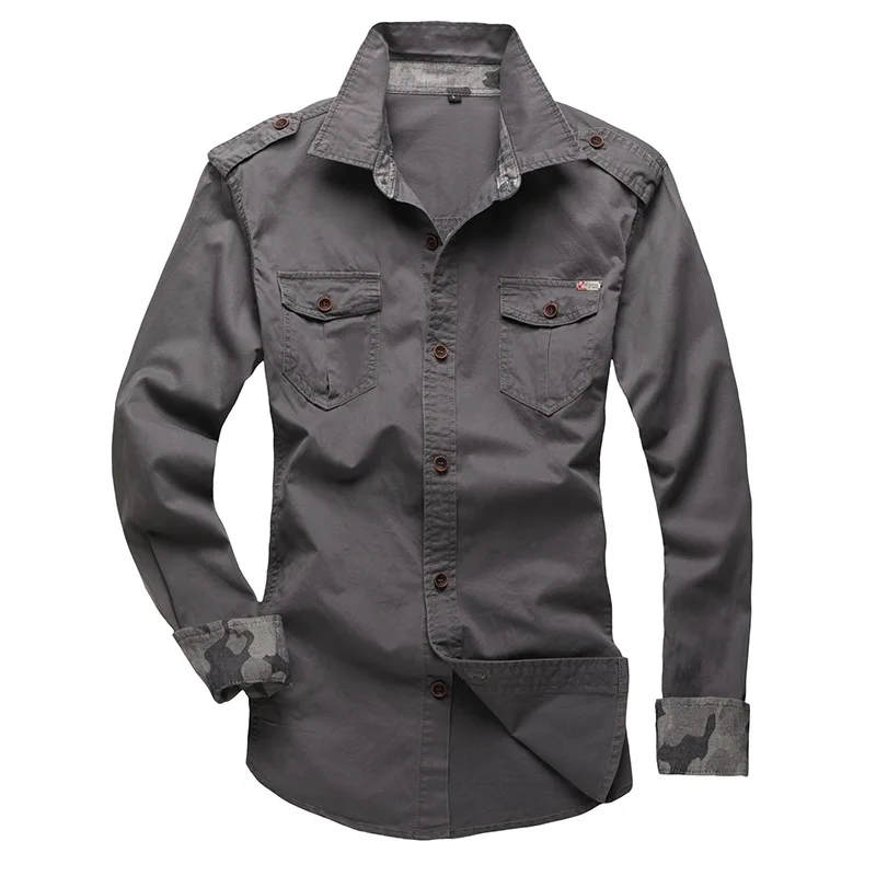  New 100% Cotton Military Shirt With Epaulette Men Long Sleeve Breathable Casual Shirts Man Solid Sh