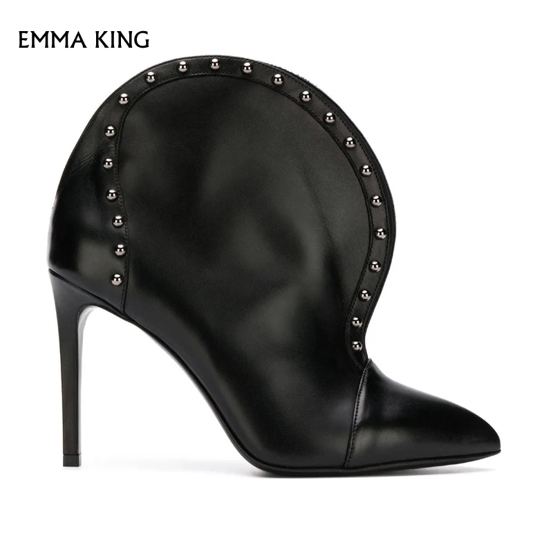 

Pointed Toe Black Rivet Ankle Boots Deep V-cut Front Rounded Sides high Stiletto Heel Botas Mujer Party Shoes Woman Size 35-43