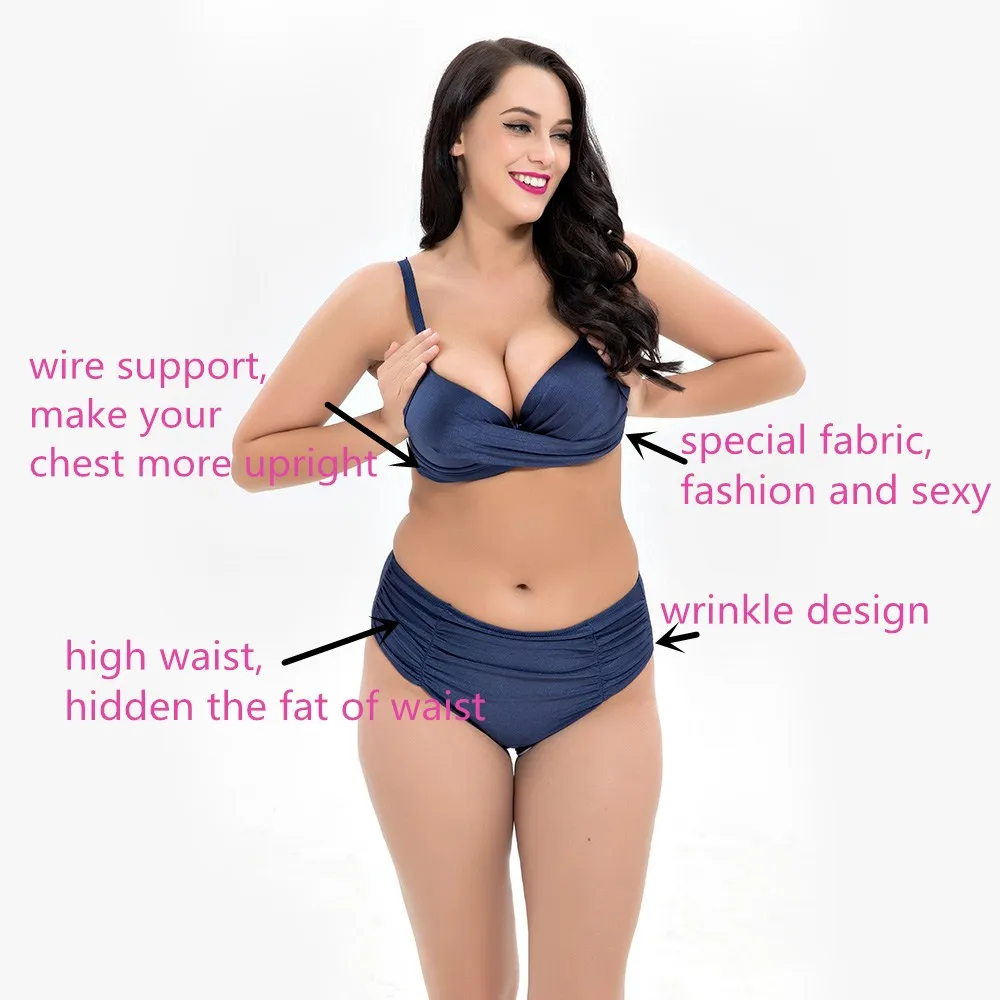Women Plus Size Bikini Set High Waisted Sexy Solid Swimsuit Push Up Big Chest Swimwear Ladies Summer Bathing Suit 2018 Mujer