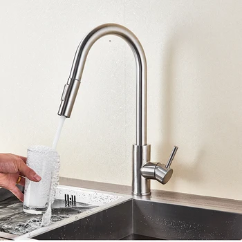 

Kitchen Faucet Brushed Nickel Single Handle Single Hole 360 Pull Out Mixer Taps