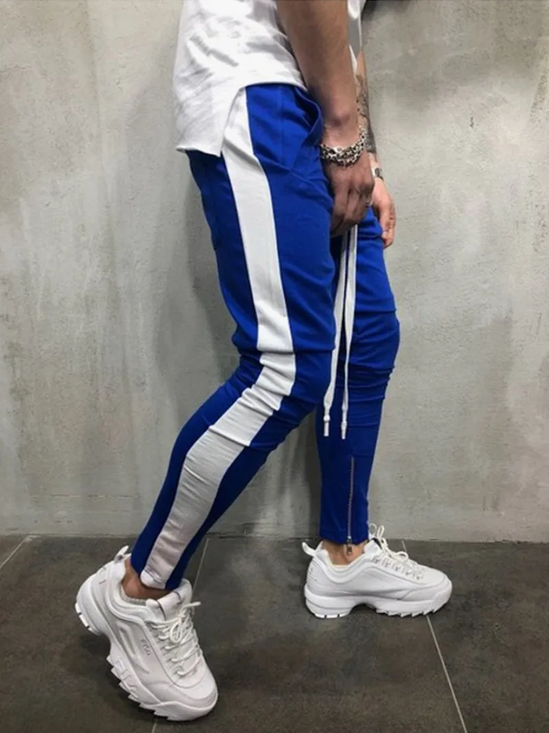 Хип-хоп стиль Мужские Цветные Лоскутные ноги молния полная длина карандаш брюки шнурок хлопок смесь Фитнес Мода мужской пот брюки