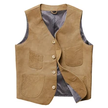 Новые стильные мужские жилеты из натуральной кожи, Натуральная овечья кожа, мотоциклетные Кожаные Жилеты, коричневые повседневные мужские байкерские жилеты с множеством карманов