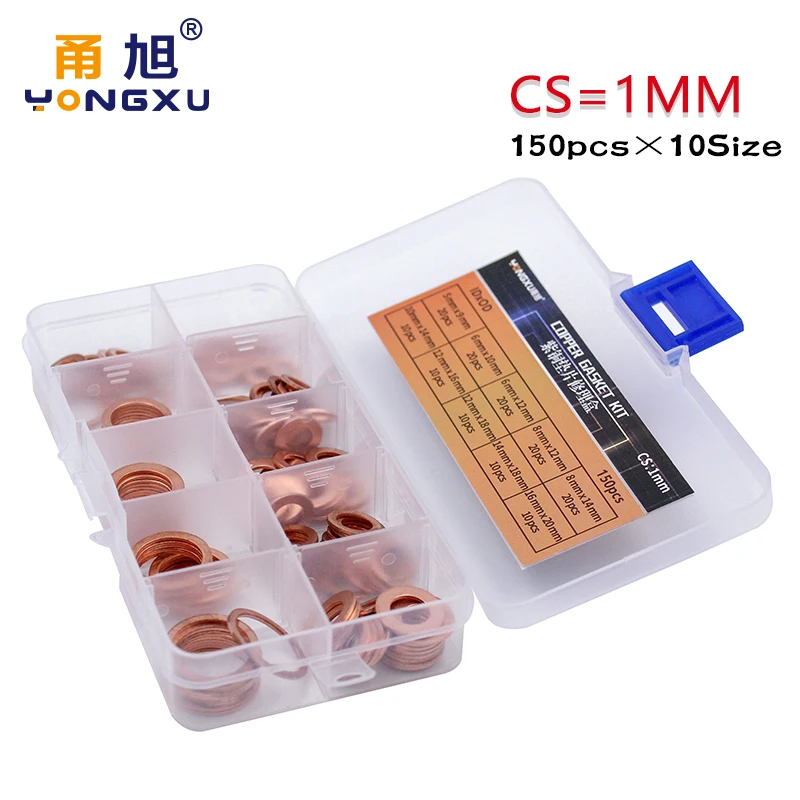 

150PC 10Sizes Copper Washer Gasket Set Flat Ring Seal Kit Set with Box M6/M8/M9/M10/M12/M14/M16/M18/M20 For Generators Machinery