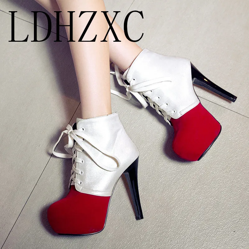 

LDHZXC Women New Fashion Ankle Boots Thin High Heel Round Toe lace-up Design Platform Women Motorcycle Boots Size 34-43