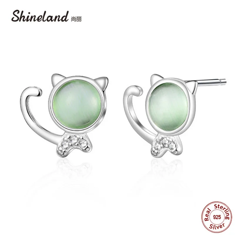 

Shineland 100% Real 925 Sterling Silver Cute Cat Blue Stone Stud Earrings For Women Girls Kids Child Jewelry Gift Anti-Allergic