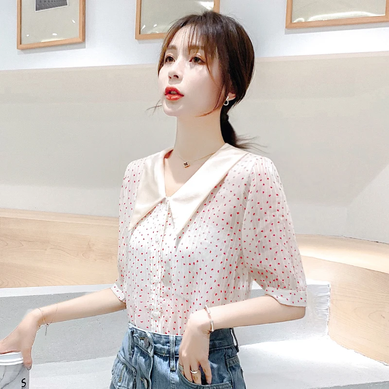 

2019 Summer Red Heart Print Blouse And Top Fashion Short Sleeve White Chiffon shirt For Women