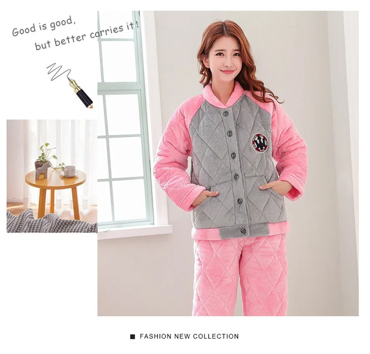 Женская пижама, зимняя трехслойная утепленная бархатная стеганая фланелевая теплая и милая удобная домашняя одежда для сна