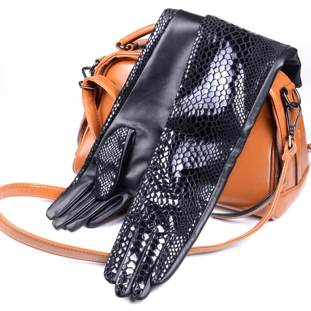 40cm-70cm Women's Ladies Real leather Snake print Leather Black Overlength Party Evening long gloves