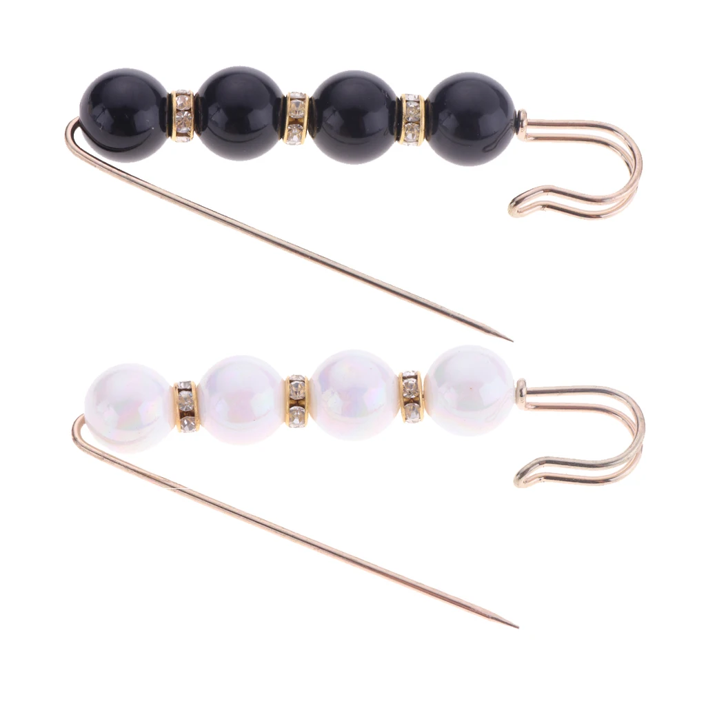 2 Pieces Crystal Safety Pin Brooch Pearl Large Hijab Scarf Brooch Badge Fasten Clip with Rhinestone Spacer Decorative