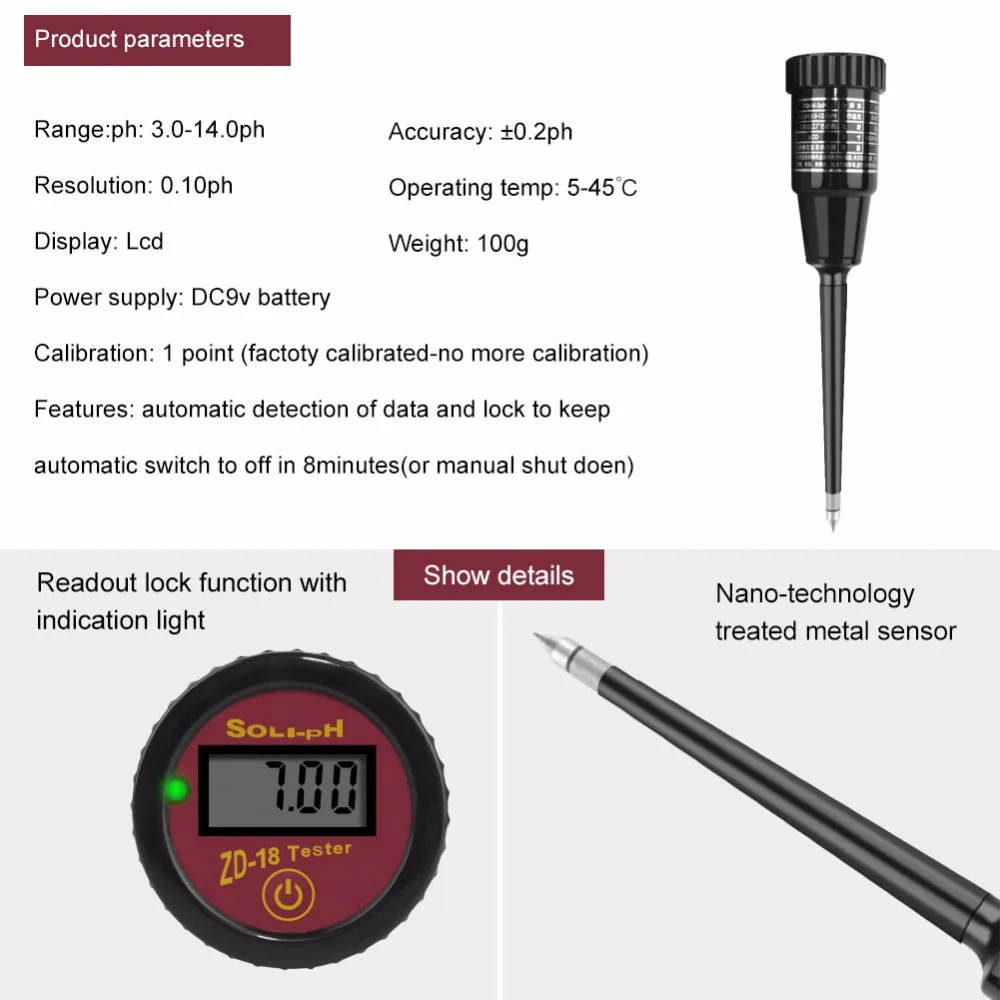 ZD-18 ручной измеритель влажности почвы с рН-метром диапазон pH 3~ 8ph, диапазон влажности 1~ 8 для фруктового яйца мяса pH