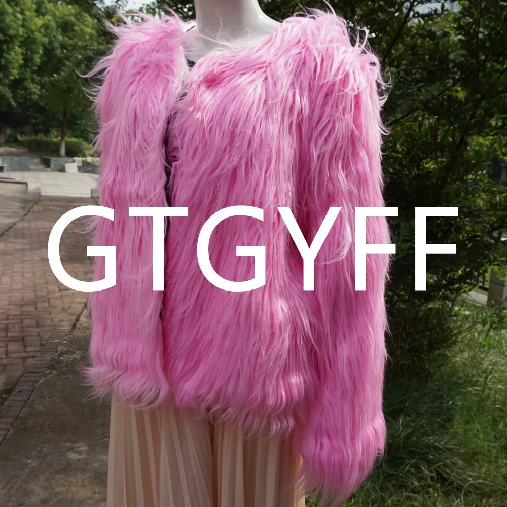 GTGYFF розовый длинный рукав ворсистый, пушистый искусственный мех куртка пальто для женщин зимние женские Куртки из искусственной кожи пальто Верхняя одежда Топы