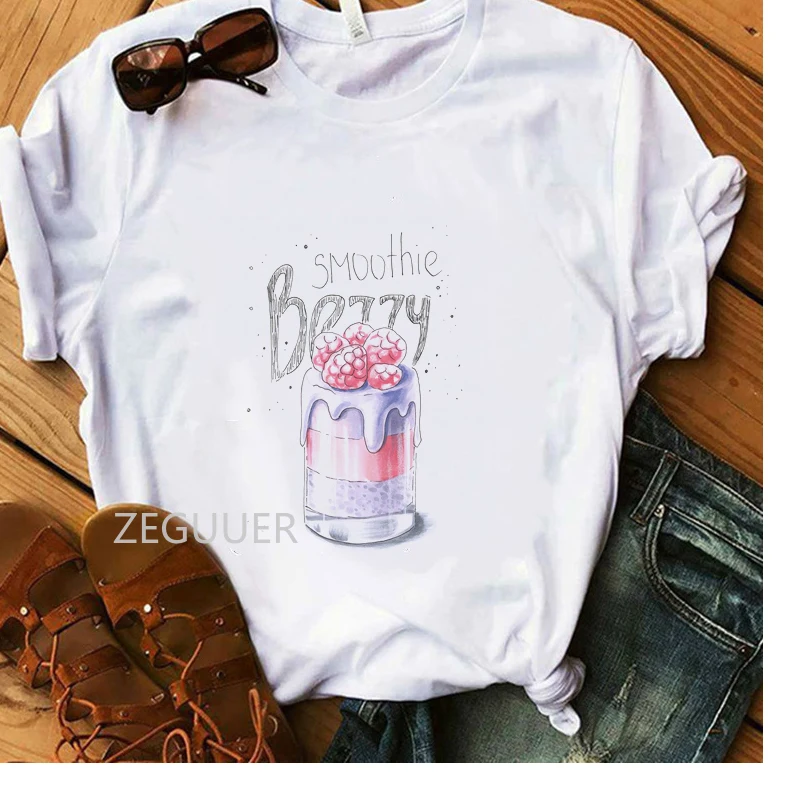 

Raspberry Ice Cream T-shirt Lady Casual White Outdoor T-Shirt Women Vogue Summer Tees Cotton Soft Sweet Illustration Tops