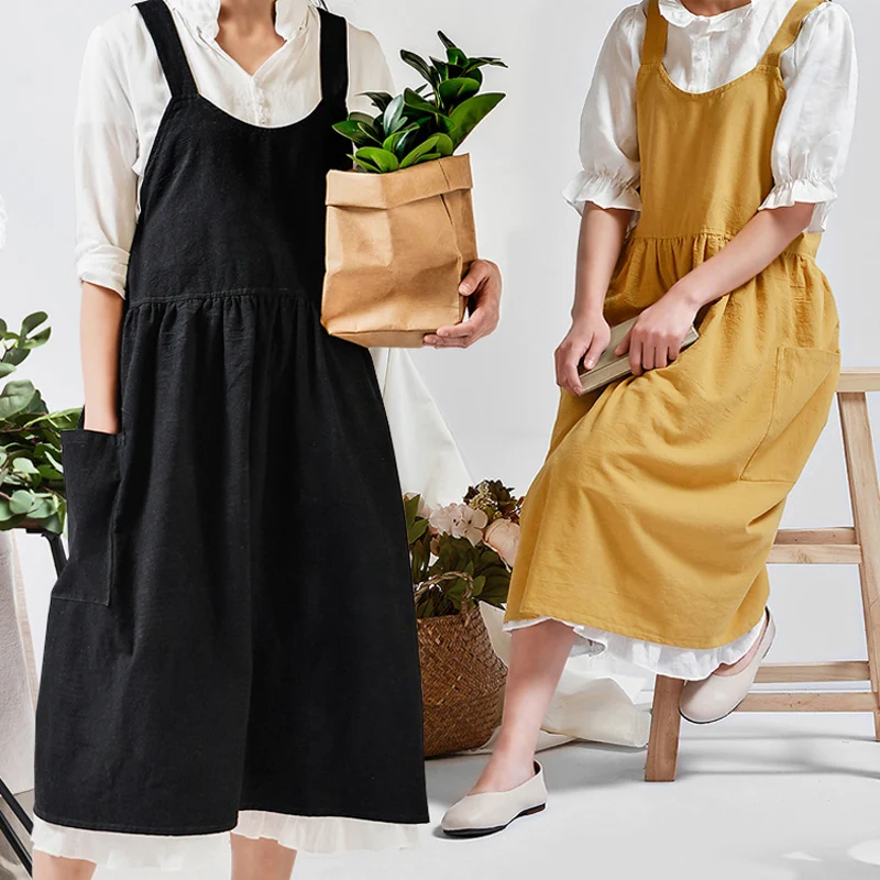 

Korean Style Loose Female Cotton Linen Apron Autumn Winter Home Cleaning/Cafe/Bread Shop Dress Bib Green/black/yellow/hemp Color