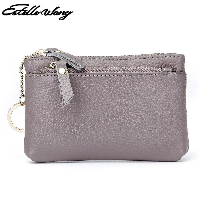 

Women Mini Zero Wallet Ladies Double Zipper Genuine Leather Coin Purse Multi Functional Litchi Pattern Small Wallet Key Coin Bag