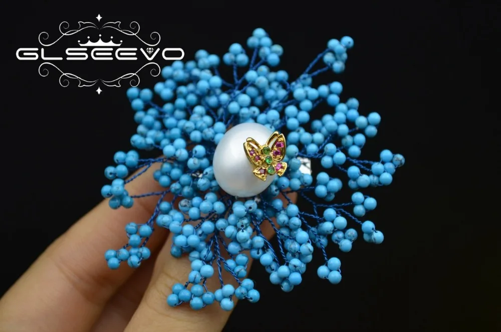 

GLSEEVO Natural Turquoise Brooch Pins Fresh Water Pearl Brooches For Women Wedding Gifts Dual Use Designer Luxury Jewelry GO0291