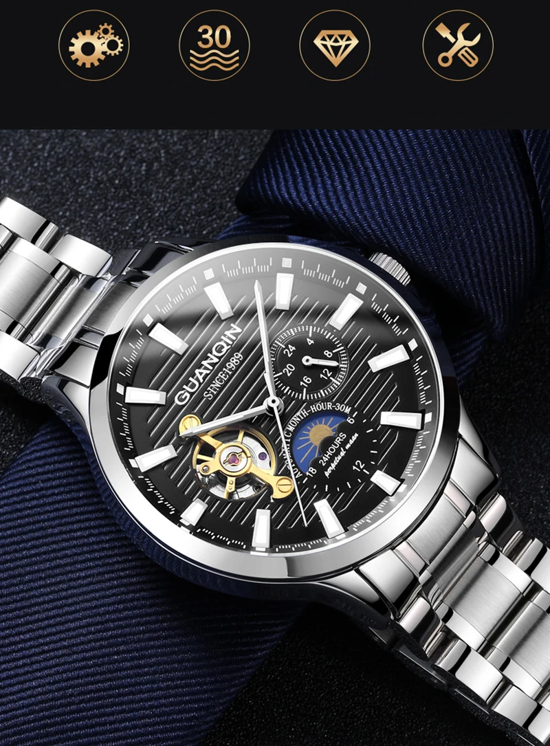 GUANQIN Tourbillon mechanical men's watches top brand waterproof clock men business automatic analog watch relogios masculino