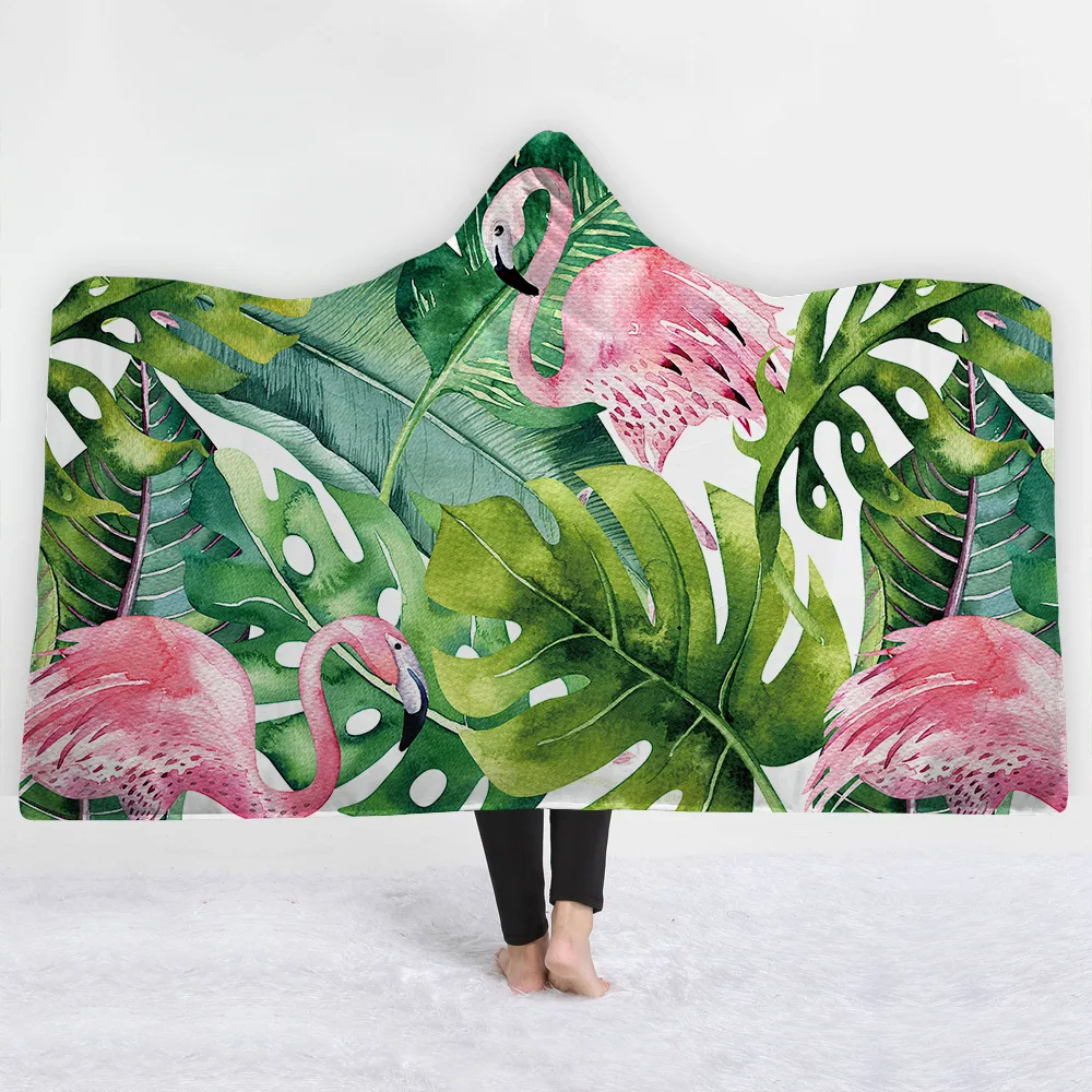 Одеяло с капюшоном в виде фламинго, цветов, листьев для взрослых, шерпа, флисовое, пригодное для носки, плед из микрофибры, 150*200 см/130*150 см