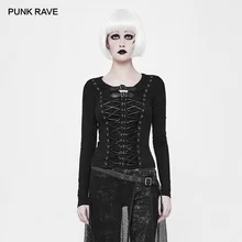 Панк РЕЙВ панк Байкер с длинным рукавом рубашки бинты личность черная футболка темно вязаная женская футболка с пробонами веревка дизайн