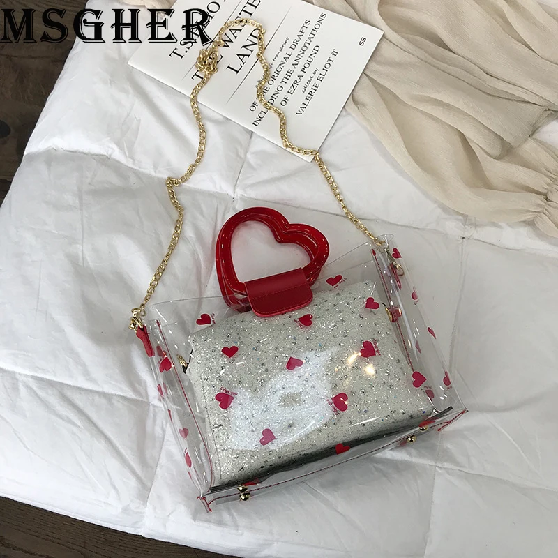 

MSGHER Handbags Women Summer Transparent PVC Small Chain Bags Female High Designer Heart Shoulder Bag Quality Crossbody Bag