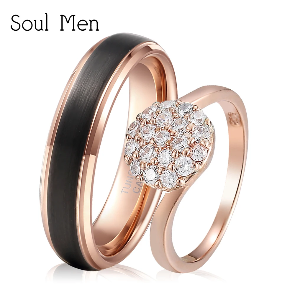 Soul Men 1 Pair Rose Gold Color Wedding Band 6mm Black for Men Cubic Zirconia Rings for Women Couples Promised Rings Set