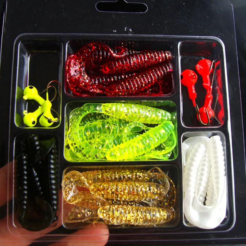 2018 30Pcs Soft Worm Lure Lure Set Head Jig Hooks Fishing Baits Set
