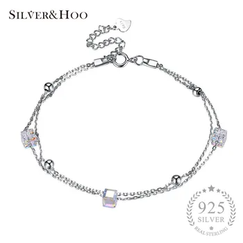 

SILVERHOO 925 Sterling Silver Cube Crystal Bracelets Bangles Luxury Fine Jewelry for Women Authentic Original Gift