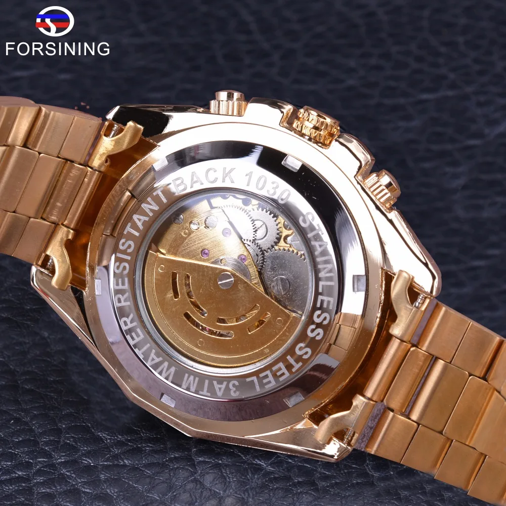 Forsining Transparent Case Golden Stainless Steel Skeleton Luxury Design Men Watch Automatic Watch