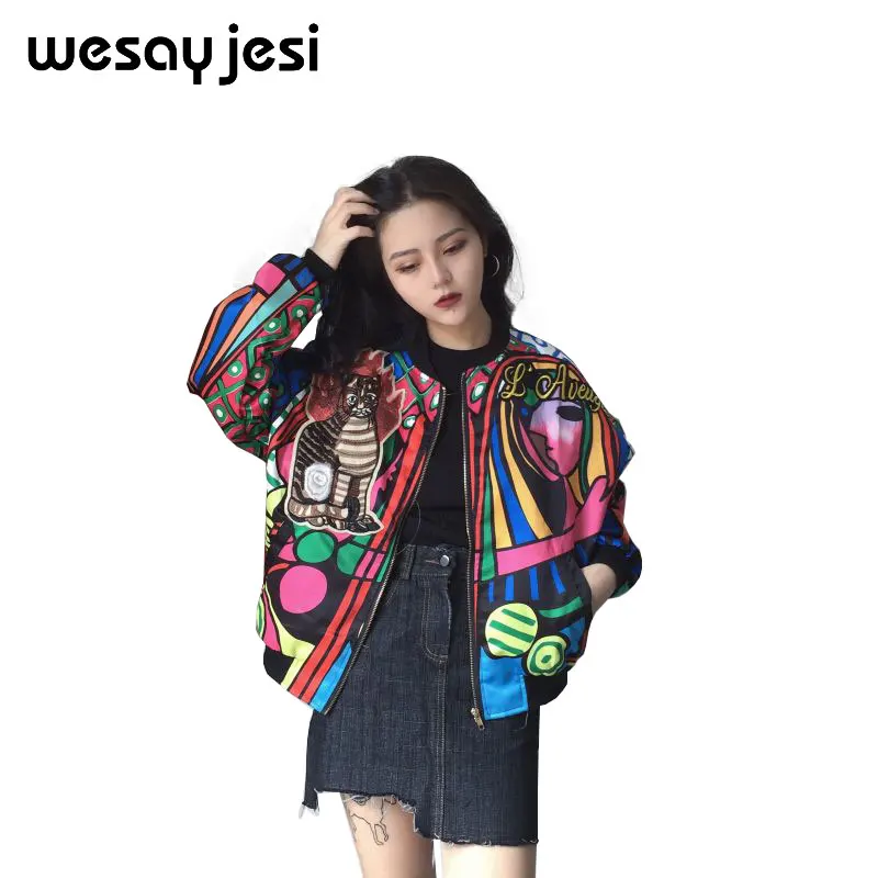 2018 Boho Vintage Floral Print Bomber Jacket Women Coat streetwear O-Neck Long Sleeve Streetwear Outwear Casual Casaco Feminino Coats
