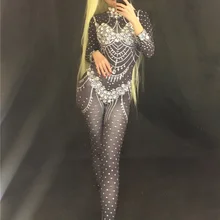 black stretch Rhinestones Long Sleeves Spandex Jumpsuit Female Singer Dance Stage Wear Women's Birthday Bodysuit Bar Clothes
