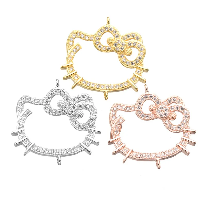 

jewelry making supplies Copper Micro Pave CZ Rhinestone Hello Kitty Charms Connectors Findings For DIY Bracelet Necklace