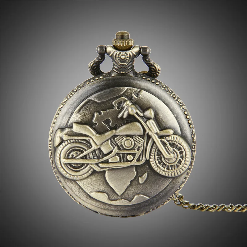 

New Bronze Color Pocket Watch Motorcycles Pattern Relogio De Bolso Quartz Watch with Necklace Quartz Clock masculino relogio