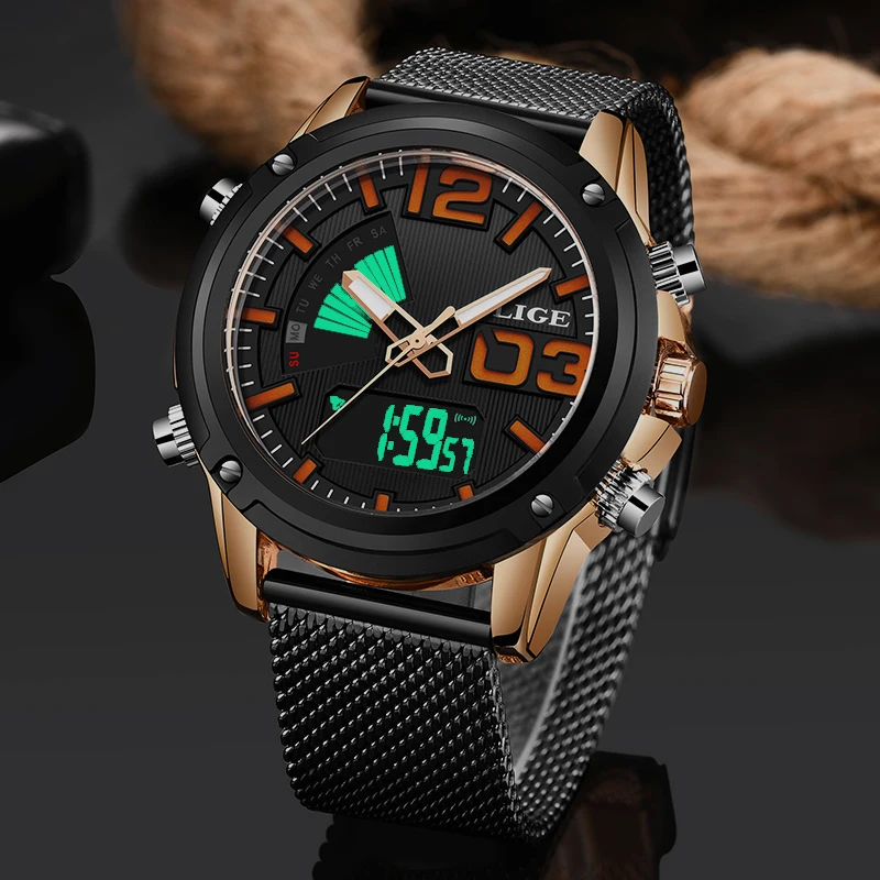 LIGE New Top Luxury Brand Gift Stainless Steel Sports Men Watch Army Military Dual Display Waterproof Watches relogio masculino | Наручные