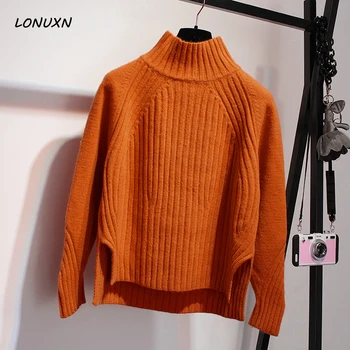 

autumn winter new Korean version semi-high collar sweater female hedging loose solid color open-cut students thicker sweater