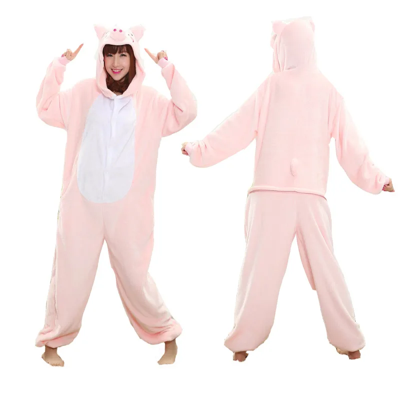 Пижамы с единорогом, унисекс, комплекты одежды для сна с героями мультфильмов, пижамы с единорогом, Ститч, Акула, кигуруми, единороги, теплая Фланелевая пижама с капюшоном - Цвет: pink pig