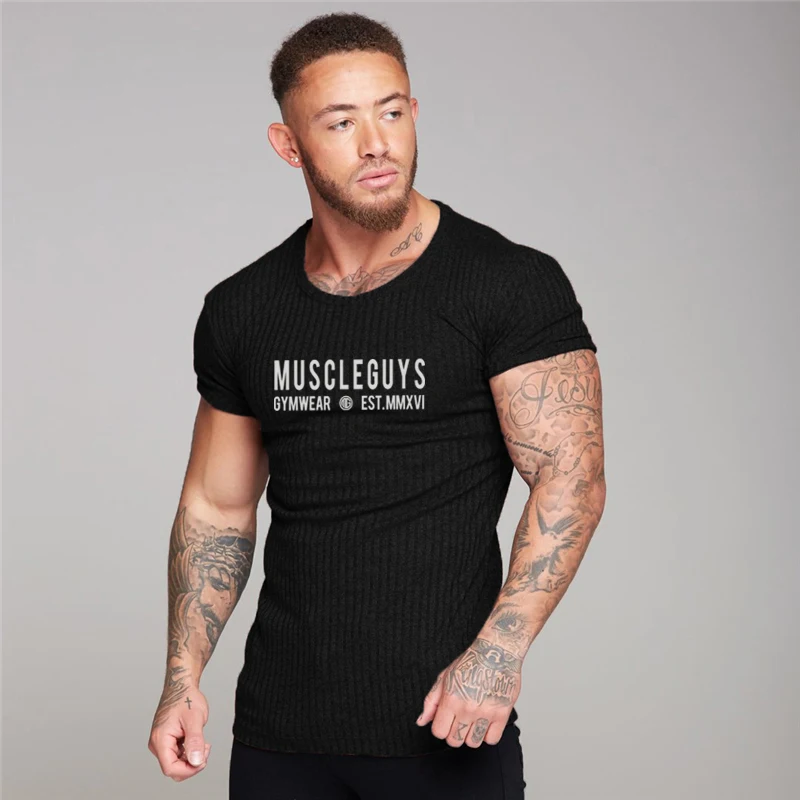 

New Knitted Gym Fitness T Shirt Men Short Sleeve Sports Top Running T-shirt Workout Sweatshirt O-neck Sport Shirt Men Rashgard