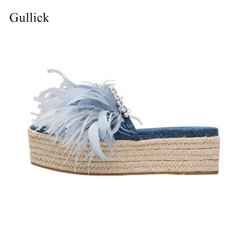 

Woman Feather Embellished Slip-on Summer Denim Sandals Thick Platform Bling Crystal Slides Jeans Flat Platform Beach Shoes