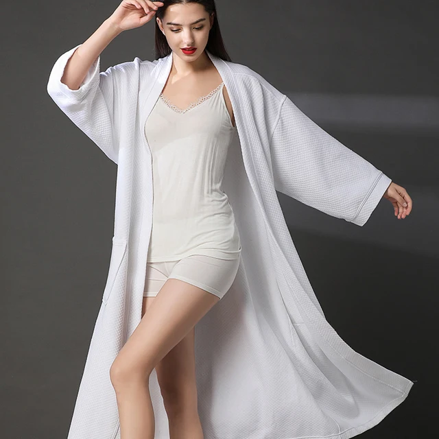 2019 New Spring Autumn White Cotton Waffle Bathrobe Women Plus Large
