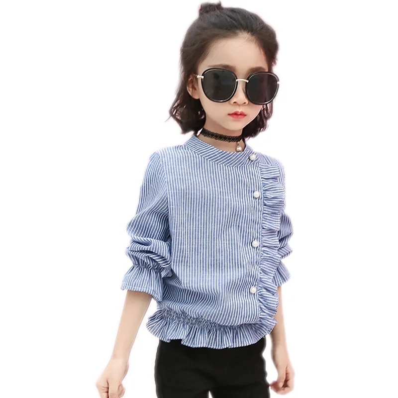 

girls blouse shirt 2018 new autumn long sleeve kids blouses blue striped casual kids clothes oblique single breasted girl bottom