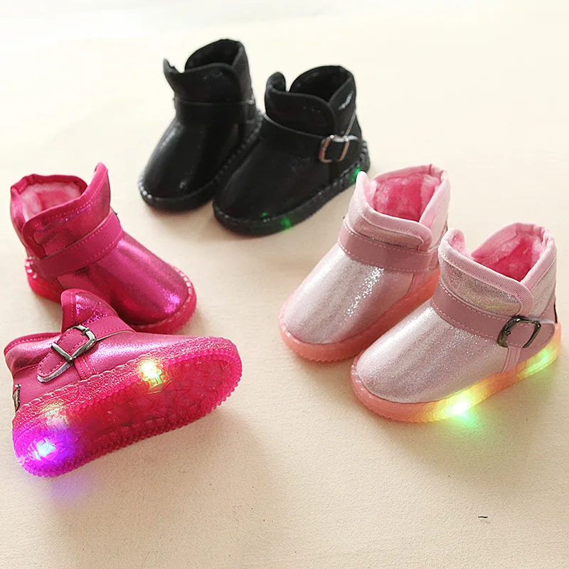 Winter Kids Snow Boots Pu Leather Waterproof Led Light Up Shine Short
