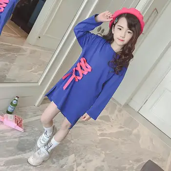 

2019 Fashion Kids Girl Long Sleeve Princess Dress Children Clothes Ribbons Causal Solid Dress Teen Girl Pure Cotton Vestido Q590