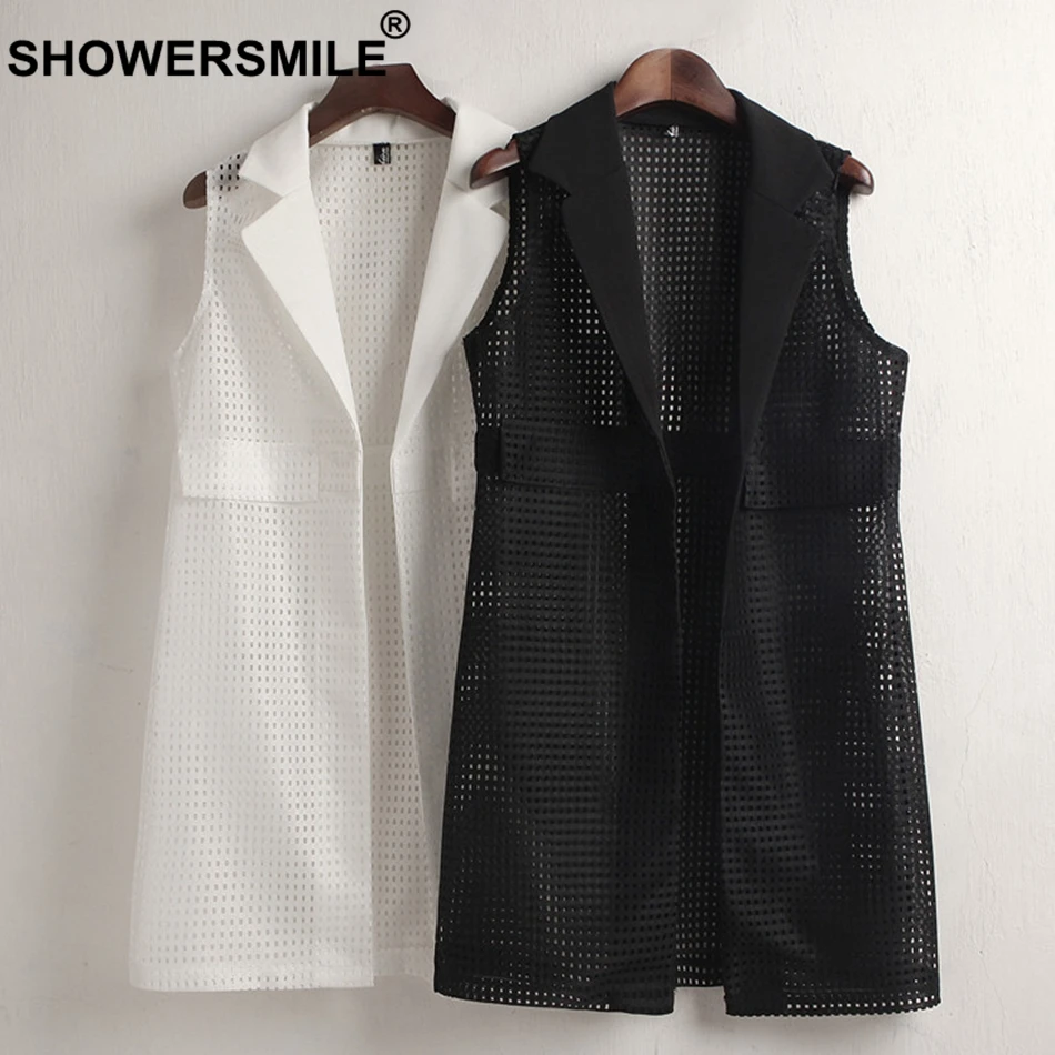 SHOWERSMILE White Vest Women Long Elegant Waistcoat Ladies OL Korean Style Hollow Out Female Spring Summer Sleeveless Jackets