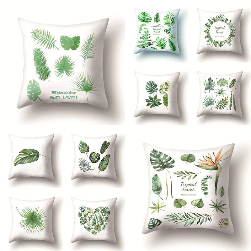 

Fresh Green Plants Printed Big Leaves Cushion Cover Polyester Throw Pillow Covers Decorative Cushions Home Decor Room Pillows