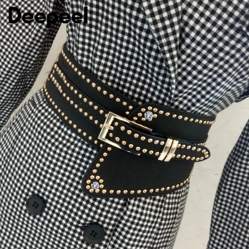 

Deepeel Fashion Female Cummerbunds Metal Rivet Rhinestone Decorative Wide Belt Clothing Skirt Tape PU Crafts Jeans Accessories