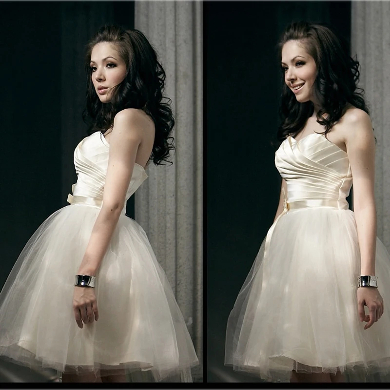 

Hot Sell Elegant Sweetheart Ruched Ivory Tulle A line Knee Length Brides Maid Dresses Wedding Party Dress BO1136