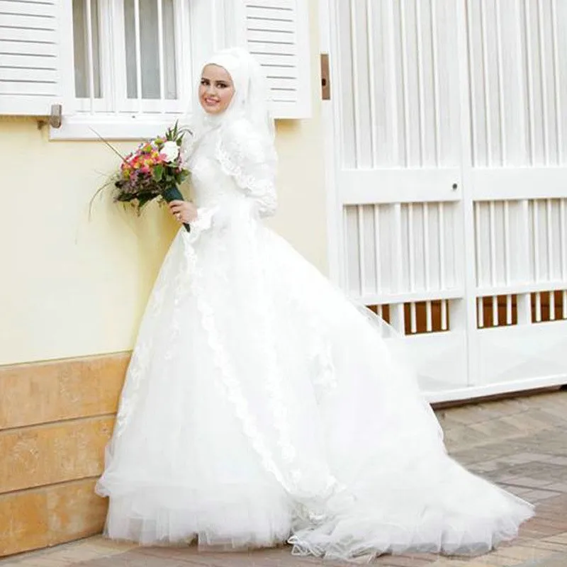 Full Sleeve Robe De Mariage Elegant Ball Gown Wedding Dress High Collar ...