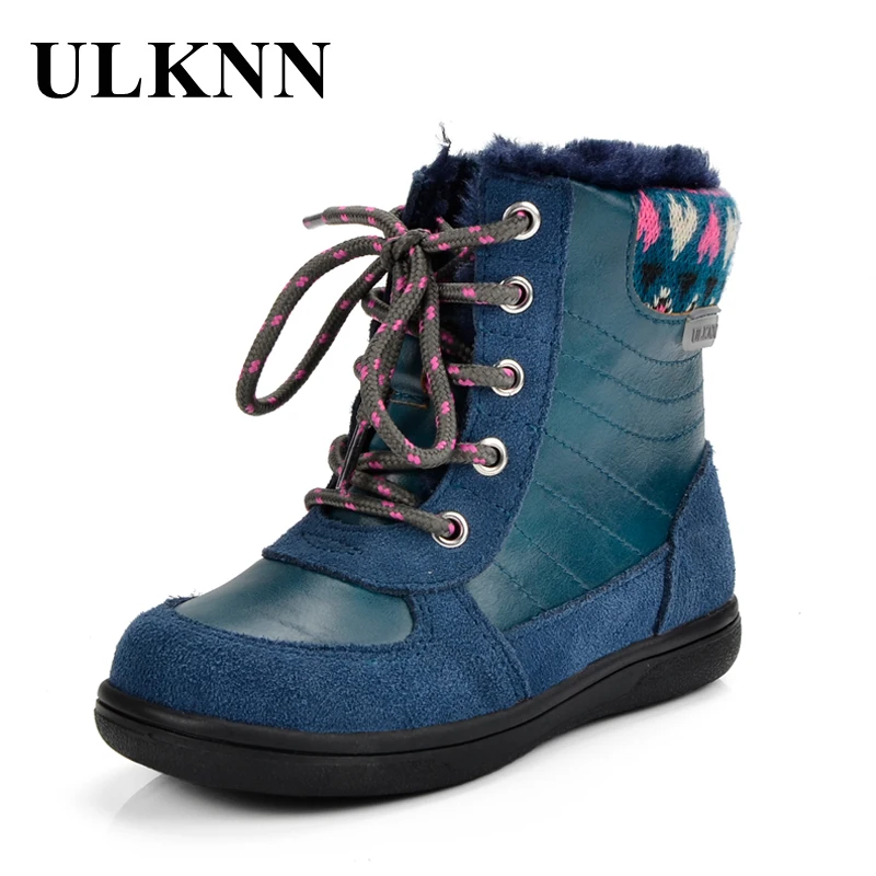 ULKNN ботинки для девочек для зимние сапоги Детские ботинки дети до середины икры резиновая подошва круглый носок плюшевые мягкие кожаные bota de menina