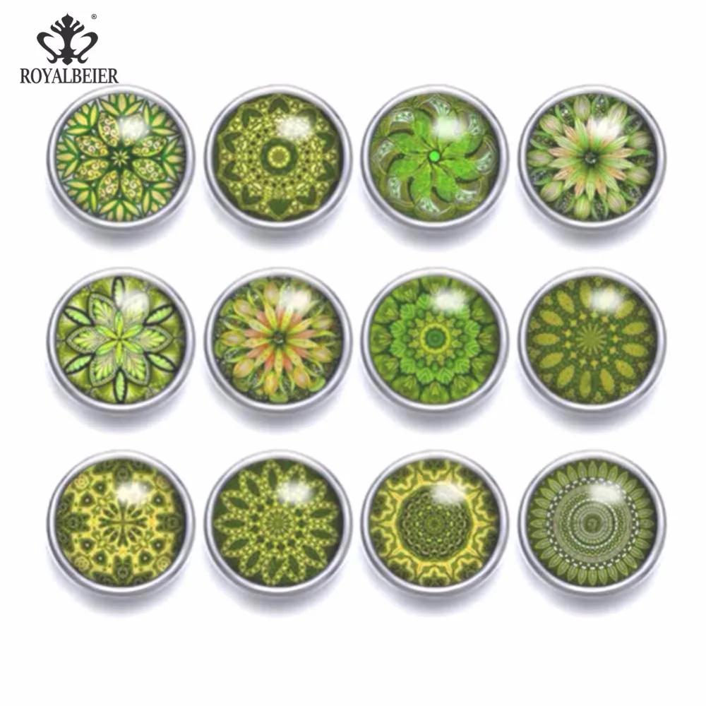 

12pcs Glass Charms 12mm Snap Button Green Kaleidoscope Flower Theme Fit Snap Bracelet 12mm Snap Earrings Snap Jewelry KZ0947b