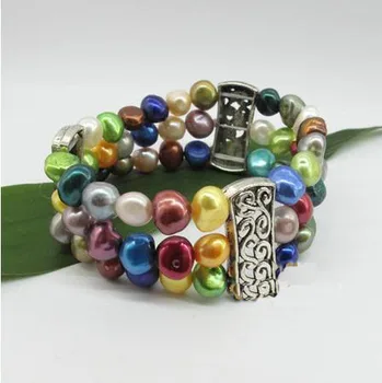 

White Blue Yellow Black Mixes AA 8-9mm Genuine Freshwater Pearl Triple Strands Elastic Bracelet With Tibble Silvers Jewelry