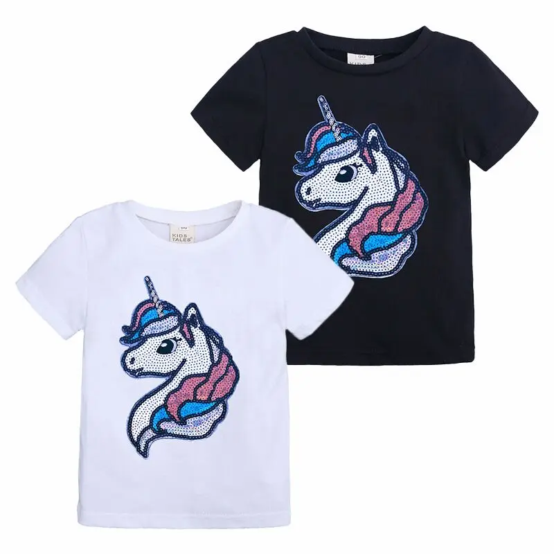 

2019 Girls T-Shirts Children Magic Sequin Reversible Cotton Casual Summer Clothing Fashion Solid T Shirt Kids Unicorn Tops Tee