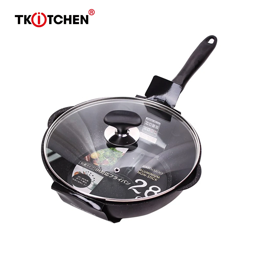 

Thickened Bottom Medical Stone Frying Pan Multifunction Non-stick Pans Deep Nougat Pot Big Mouth Wok Pan with Glass Cover